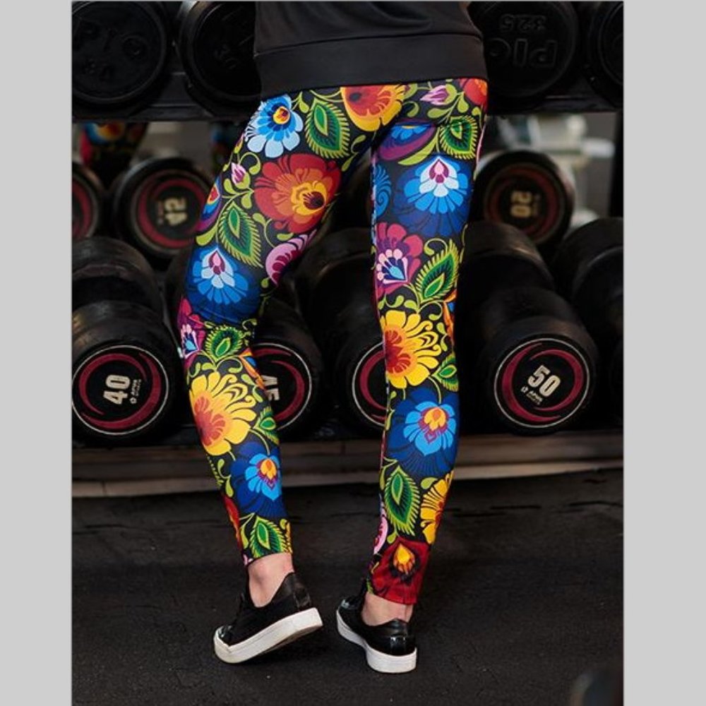 NWT fitness women woman leggings sport folklore flowers long Polish Polska new - Picture 7 of 8